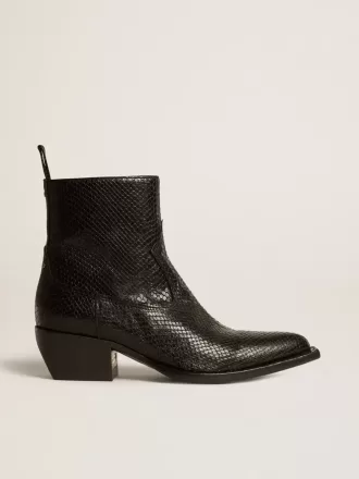 Botas Debbie bajas en piel negra con estampado de serpiente