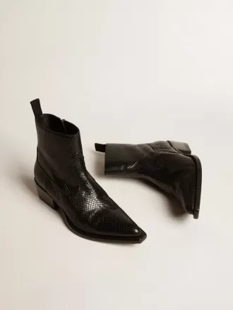 Botas Debbie bajas en piel negra con estampado de serpiente