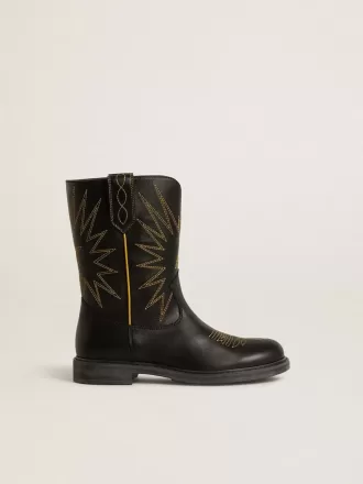 Botas Wish Junior de piel negra con estrellas amarillas bordadas