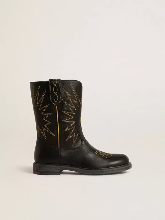 Botas Wish Junior de piel negra con estrellas amarillas bordadas Botas Wish Junior de piel negra con estrellas amarillas bordadas