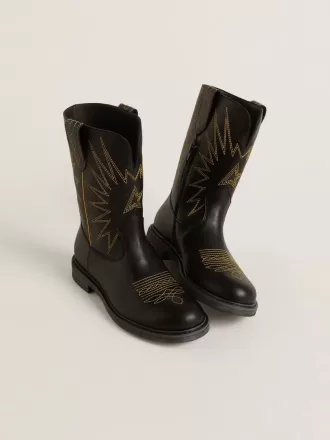 Botas Wish Junior de piel negra con estrellas amarillas bordadas