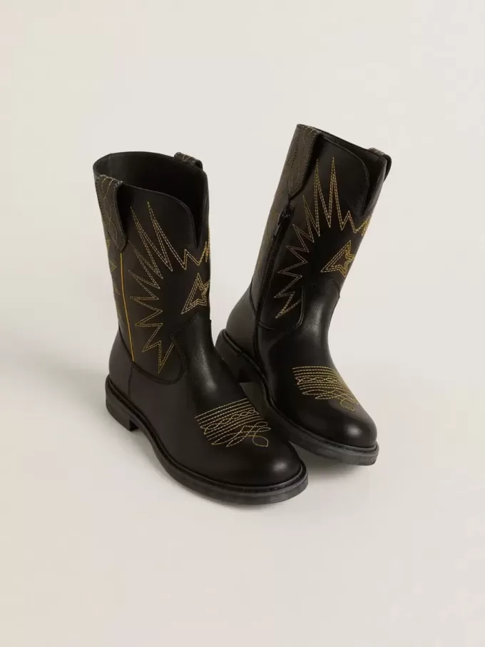 Botas Wish Junior de piel negra con estrellas amarillas bordadas Botas Wish Junior de piel negra con estrellas amarillas bordadas