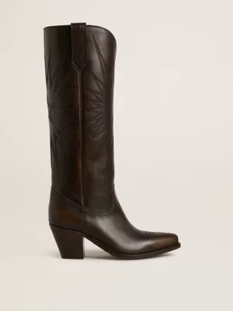 Botas Wish Star en piel marrón oscuro con estrella bordada tono sobre tono