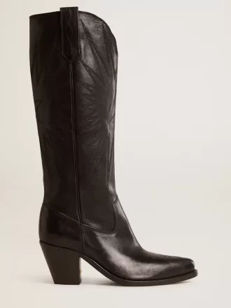 Botas Wish Star para mujer en piel negra con estrella bordada tono sobre tono