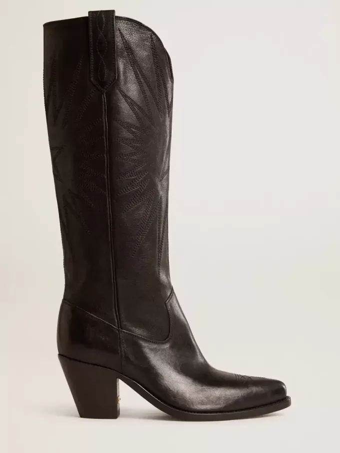 Botas Wish Star para mujer en piel negra con estrella bordada tono sobre tono Botas Wish Star para mujer en piel negra con estrella bordada tono sobre tono