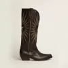 Botas Wish Star para mujer en piel negra con estrella incrustada en piel laminada platino Botas Wish Star para mujer en piel negra con estrella incrustada en piel laminada platino