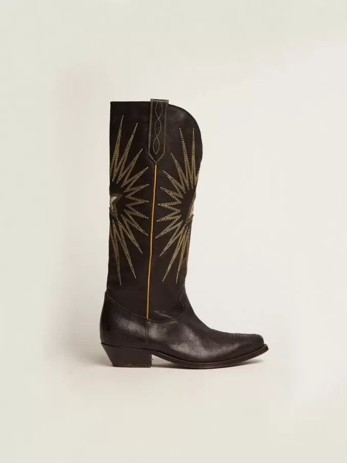 Botas Wish Star para mujer en piel negra con estrella incrustada en piel laminada platino Botas Wish Star para mujer en piel negra con estrella incrustada en piel laminada platino