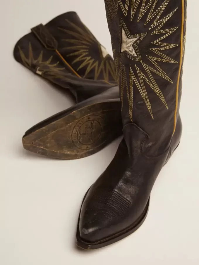Botas Wish Star para mujer en piel negra con estrella incrustada en piel laminada platino Botas Wish Star para mujer en piel negra con estrella incrustada en piel laminada platino