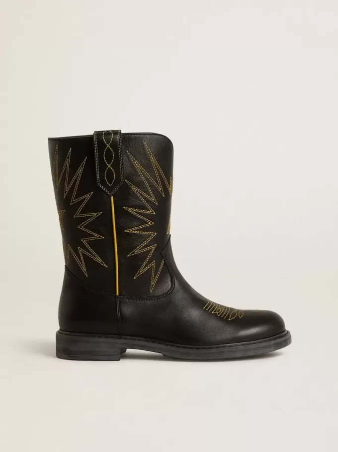 Botas Wish Teen de piel negra con bordado de estrella amarilla Botas Wish Teen de piel negra con bordado de estrella amarilla