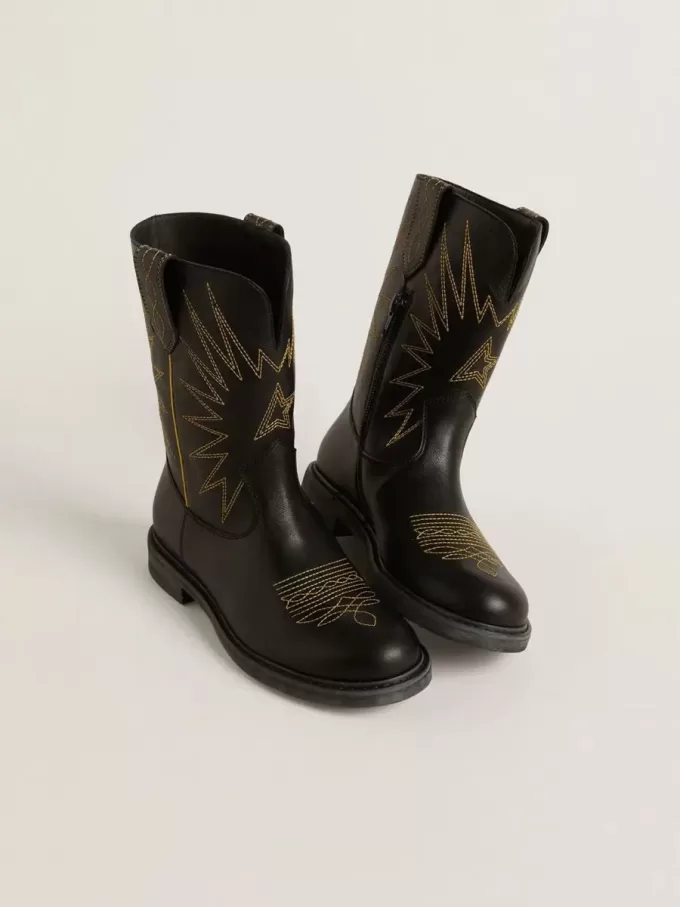 Botas Wish Teen de piel negra con bordado de estrella amarilla Botas Wish Teen de piel negra con bordado de estrella amarilla