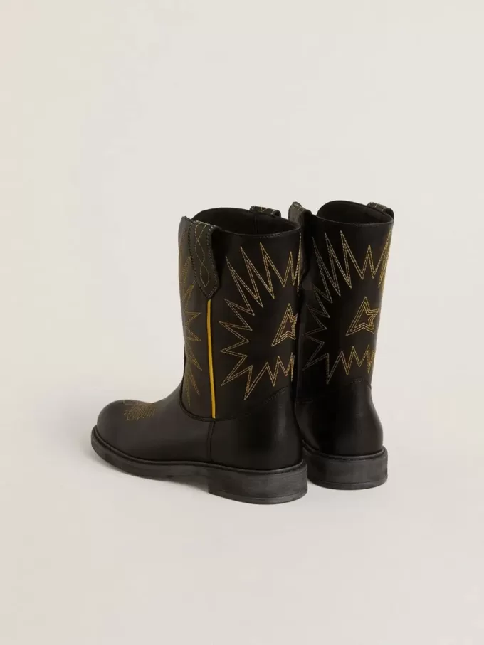 Botas Wish Teen de piel negra con bordado de estrella amarilla Botas Wish Teen de piel negra con bordado de estrella amarilla