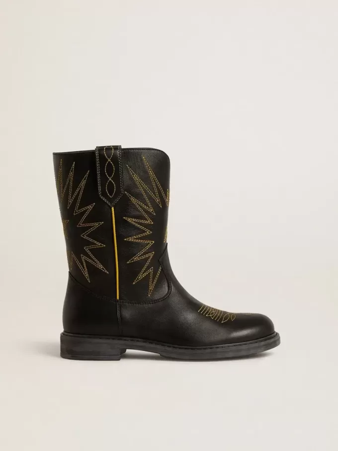 Botas Wish Young de piel negra con bordado de estrella amarilla Botas Wish Young de piel negra con bordado de estrella amarilla
