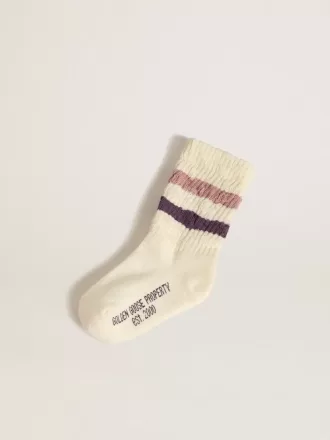Calcetines blancos para niños con rayas rosas y moradas