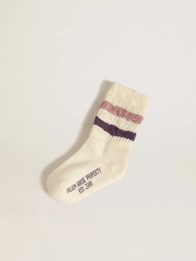 Calcetines blancos para niños con rayas rosas y moradas Calcetines blancos para niños con rayas rosas y moradas