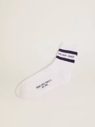 Calcetines de algodón con acabados desgastados, rayas azules y logotipo