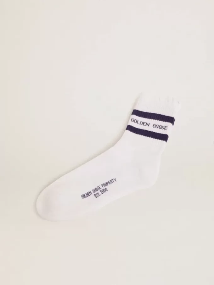 Calcetines de algodón con acabados desgastados, rayas azules y logotipo Calcetines de algodón con acabados desgastados, rayas azules y logotipo