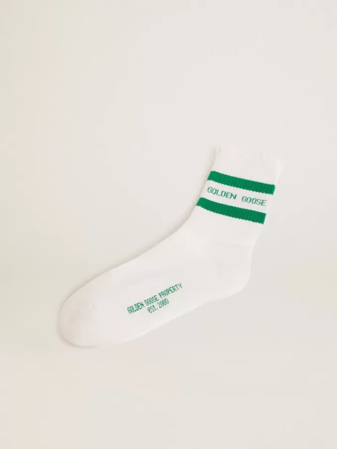 Calcetines de algodón con acabados desgastados, rayas verdes y logotipo Calcetines de algodón con acabados desgastados, rayas verdes y logotipo