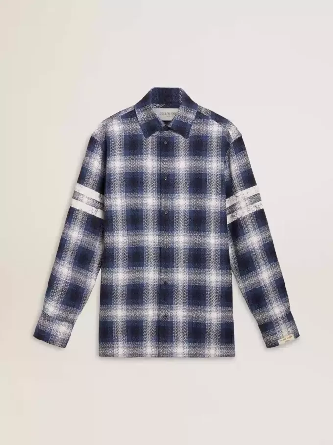 Camisa azul de cuadros 3D para hombre con estampado en la espalda Camisa azul de cuadros 3D para hombre con estampado en la espalda