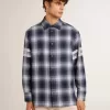 Camisa azul de cuadros 3D para hombre con estampado en la espalda Camisa azul de cuadros 3D para hombre con estampado en la espalda
