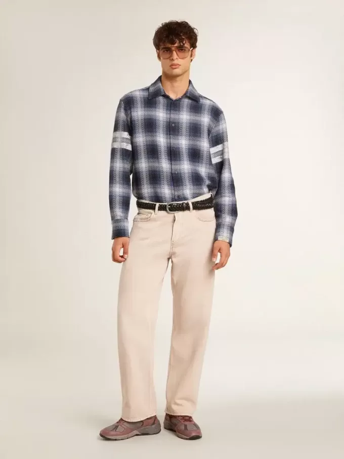 Camisa azul de cuadros 3D para hombre con estampado en la espalda Camisa azul de cuadros 3D para hombre con estampado en la espalda