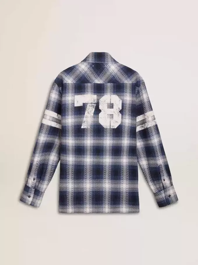 Camisa azul de cuadros 3D para hombre con estampado en la espalda Camisa azul de cuadros 3D para hombre con estampado en la espalda