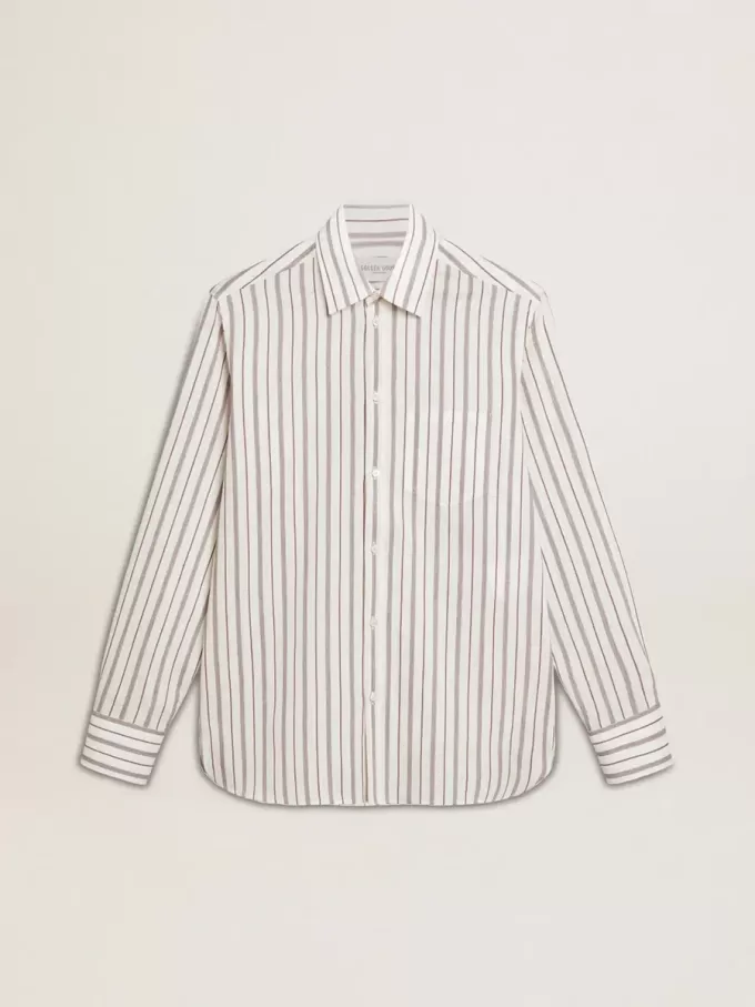 Camisa blanca de algodón para hombre con finas rayas burdeos Camisa blanca de algodón para hombre con finas rayas burdeos