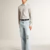 Camisa blanca de algodón para hombre con finas rayas burdeos Camisa blanca de algodón para hombre con finas rayas burdeos