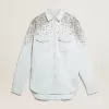 Camisa boyfriend blanqueada para mujer con cristales cabujones Camisa boyfriend blanqueada para mujer con cristales cabujones