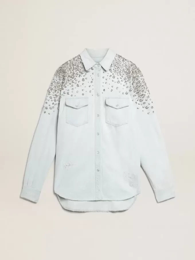 Camisa boyfriend blanqueada para mujer con cristales cabujones Camisa boyfriend blanqueada para mujer con cristales cabujones