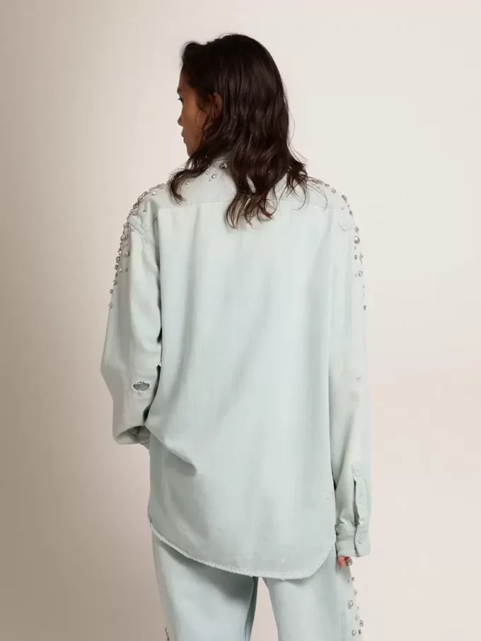 Camisa boyfriend blanqueada para mujer con cristales cabujones Camisa boyfriend blanqueada para mujer con cristales cabujones