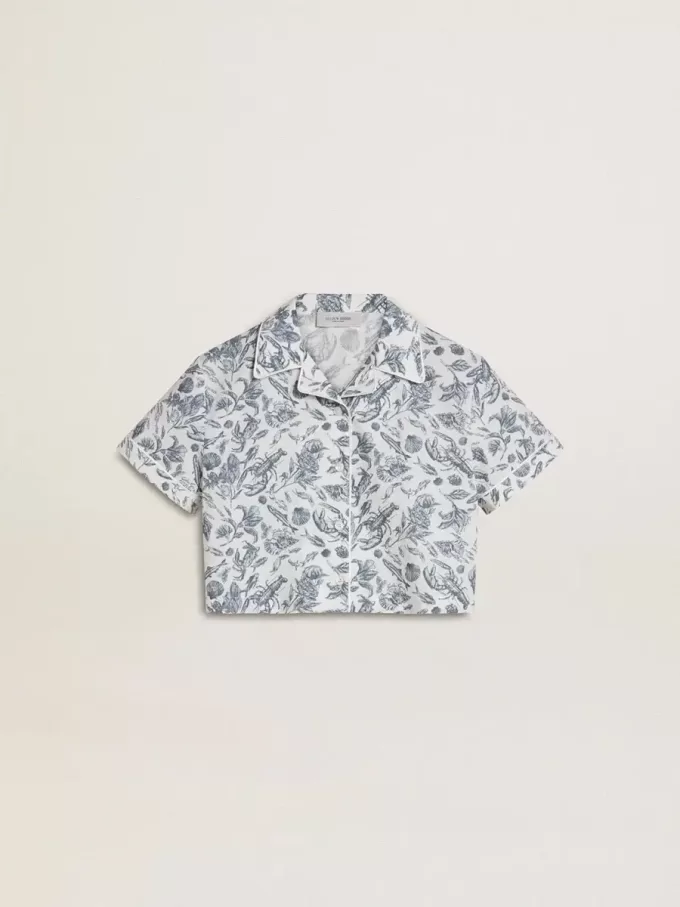 Camisa corta blanca para niña con estampado azul
