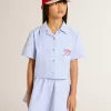Camisa corta de niña de algodón azul claro a rayas Camisa corta de niña de algodón azul claro a rayas