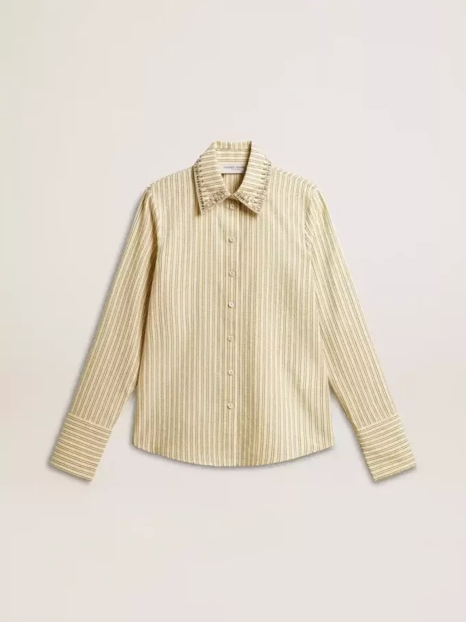 Camisa crudo con rayas y cristales bordados Camisa crudo con rayas y cristales bordados