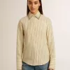 Camisa crudo con rayas y cristales bordados Camisa crudo con rayas y cristales bordados