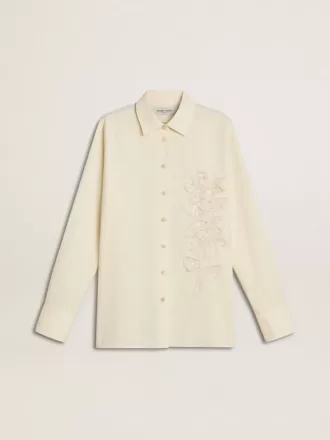Camisa de algodón color crema para mujer con bordado floral