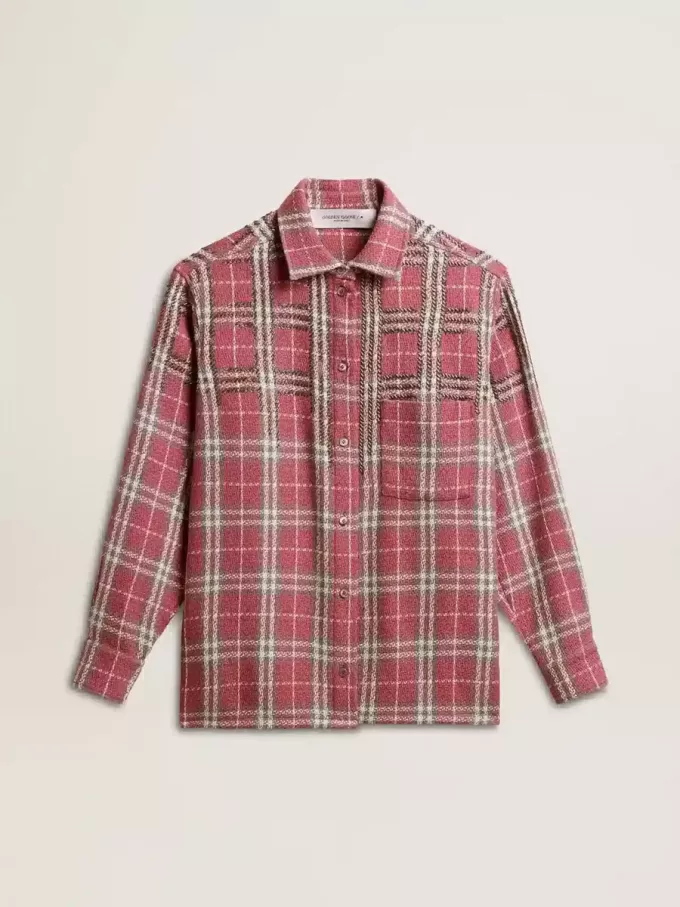 Camisa de corte recto con bordado de cuadros en rosa, arena y gris Camisa de corte recto con bordado de cuadros en rosa, arena y gris