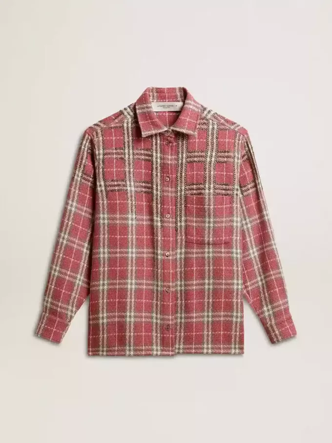 Camisa de mujer con bordado a cuadros rosa, arena y gris Camisa de mujer con bordado a cuadros rosa, arena y gris