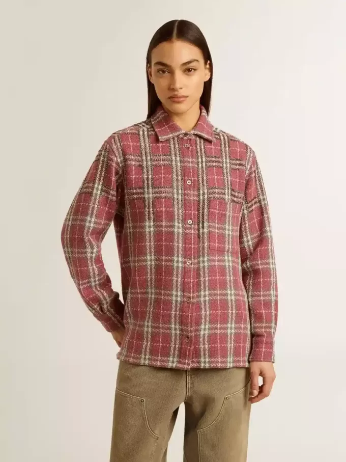 Camisa de mujer con bordado a cuadros rosa, arena y gris Camisa de mujer con bordado a cuadros rosa, arena y gris