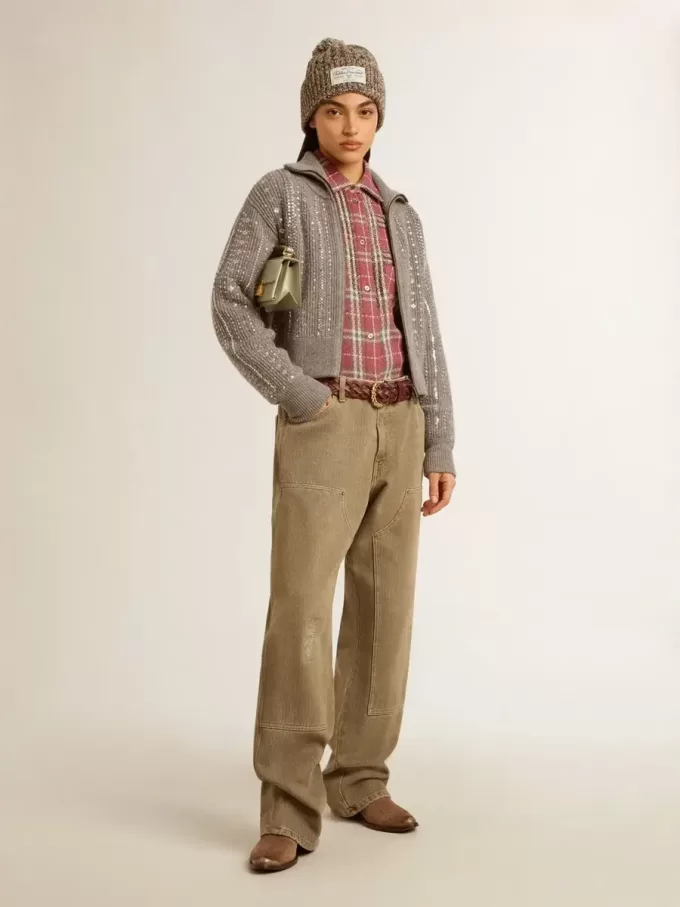 Camisa de mujer con bordado a cuadros rosa, arena y gris Camisa de mujer con bordado a cuadros rosa, arena y gris