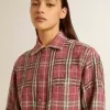 Camisa de mujer con bordado a cuadros rosa, arena y gris Camisa de mujer con bordado a cuadros rosa, arena y gris