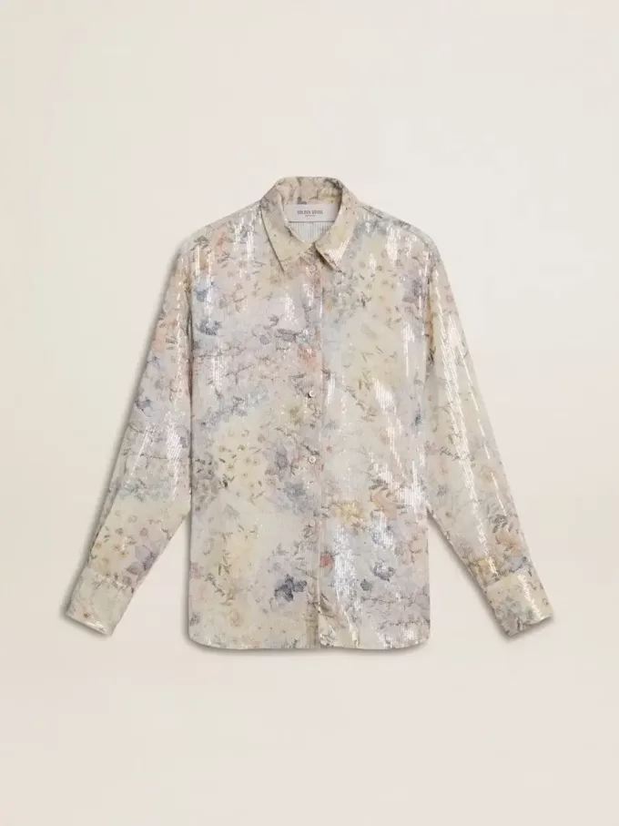 Camisa de mujer con estampado floral multicolor de lentejuelas Camisa de mujer con estampado floral multicolor de lentejuelas