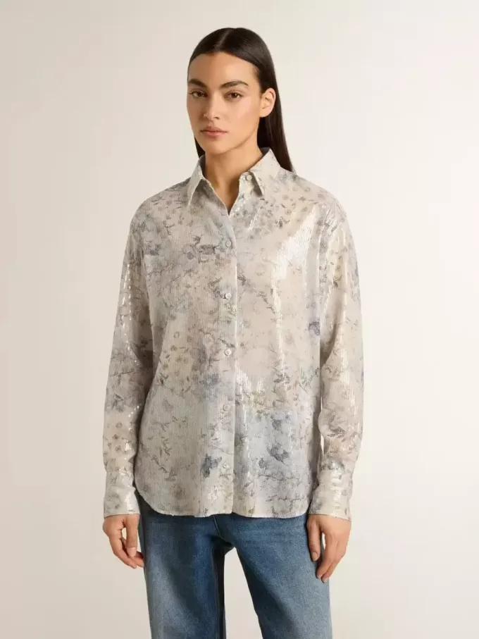 Camisa de mujer con estampado floral multicolor de lentejuelas Camisa de mujer con estampado floral multicolor de lentejuelas