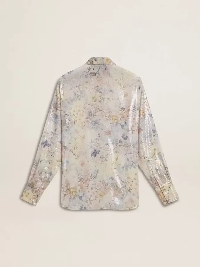 Camisa de mujer con estampado floral multicolor de lentejuelas Camisa de mujer con estampado floral multicolor de lentejuelas