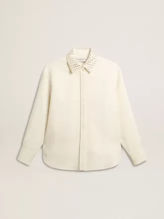 Camisa de mujer de mezcla de viscosa y algodón con cuello adornado con cristales