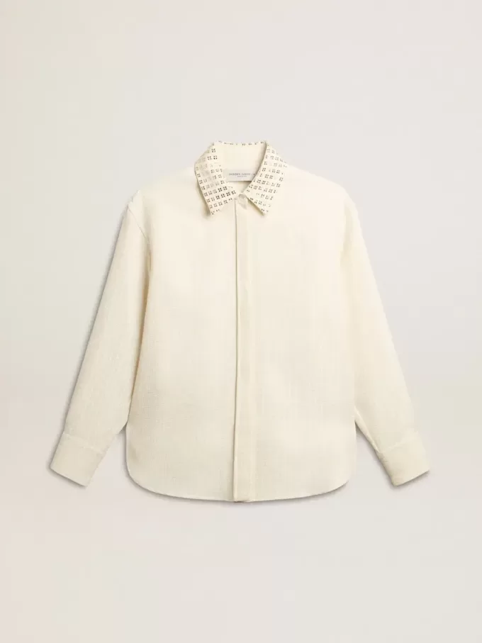 Camisa de mujer de mezcla de viscosa y algodón con cuello adornado con cristales Camisa de mujer de mezcla de viscosa y algodón con cuello adornado con cristales