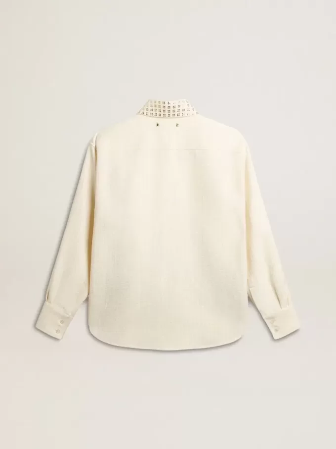 Camisa de mujer de mezcla de viscosa y algodón con cuello adornado con cristales Camisa de mujer de mezcla de viscosa y algodón con cuello adornado con cristales