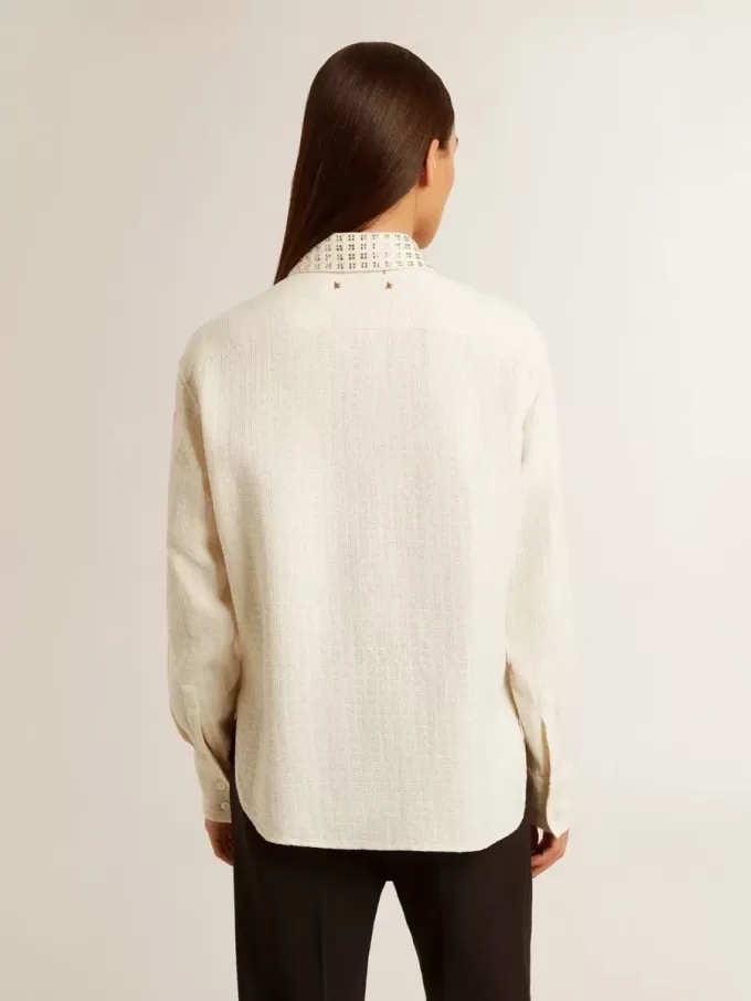 Camisa de mujer de mezcla de viscosa y algodón con cuello adornado con cristales Camisa de mujer de mezcla de viscosa y algodón con cuello adornado con cristales