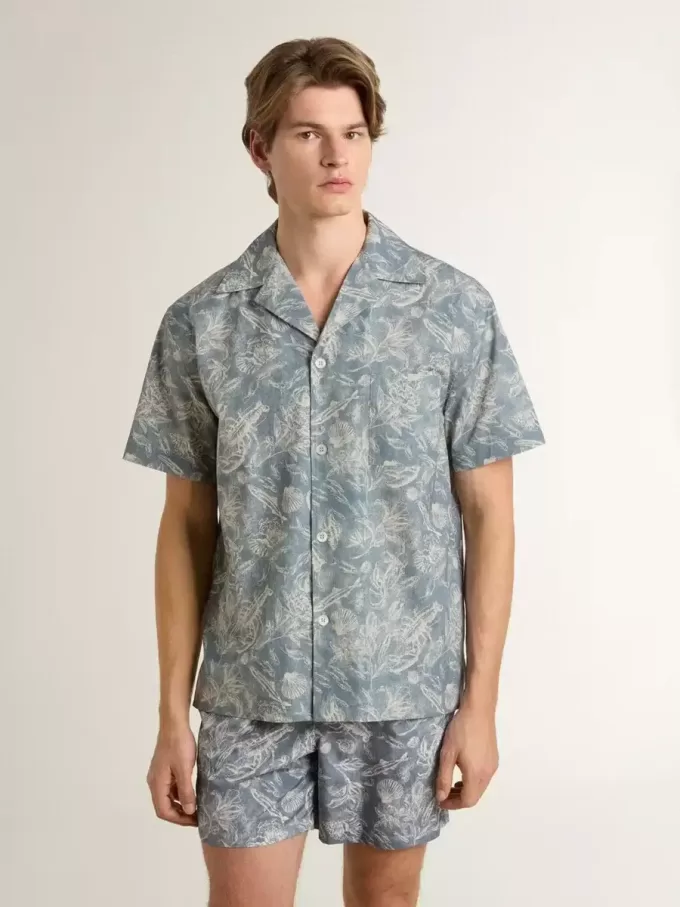 Camisa de popelín de manga corta estilo pijama para hombre con estampado marino azul y blanco Camisa de popelín de manga corta estilo pijama para hombre con estampado marino azul y blanco