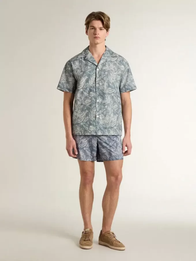 Camisa de popelín de manga corta estilo pijama para hombre con estampado marino azul y blanco Camisa de popelín de manga corta estilo pijama para hombre con estampado marino azul y blanco