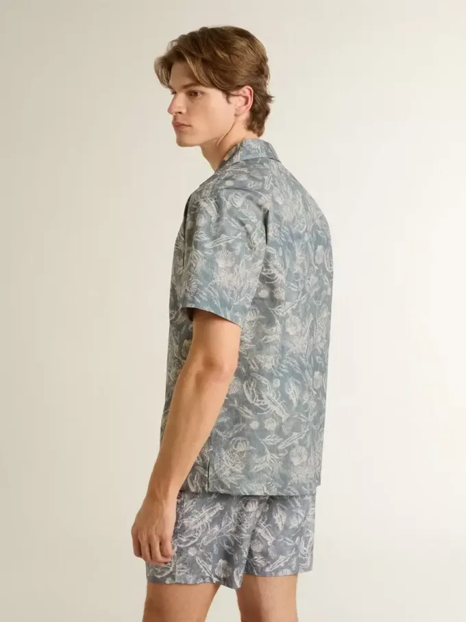 Camisa de popelín de manga corta estilo pijama para hombre con estampado marino azul y blanco Camisa de popelín de manga corta estilo pijama para hombre con estampado marino azul y blanco